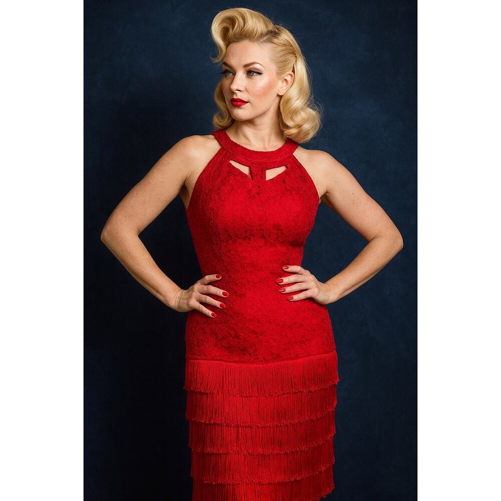 Vintage 1950’s cherry red fringe lace cage neck wiggle cocktail dress S VLV  28"